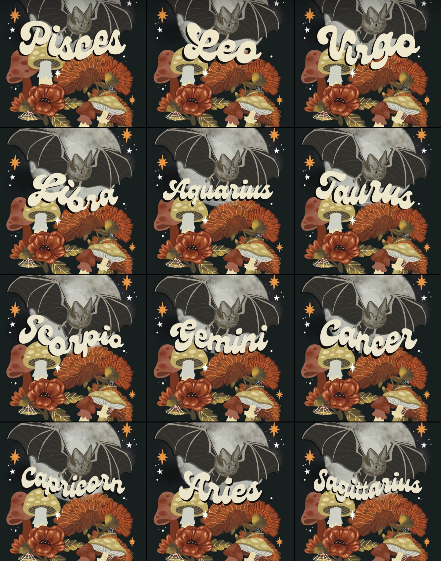 Zodiac/Star Sign Spooky Theme Bat Art Print ~ All signs available