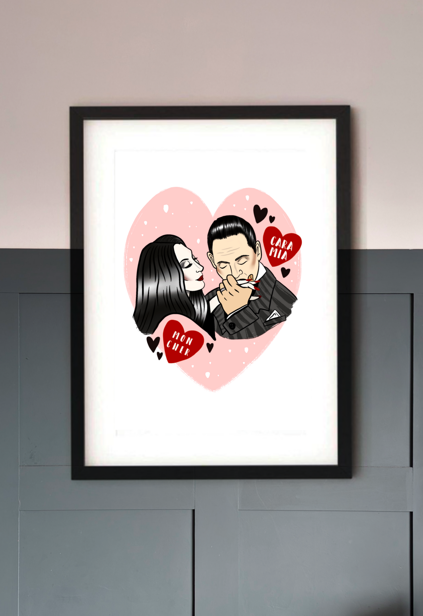 Morticia & Gomez Addams Kissing Art Print