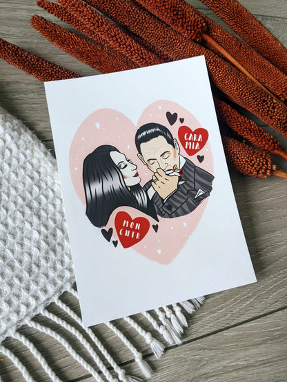 Morticia & Gomez Addams Kissing Art Print