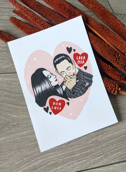 Morticia & Gomez Addams Kissing Art Print